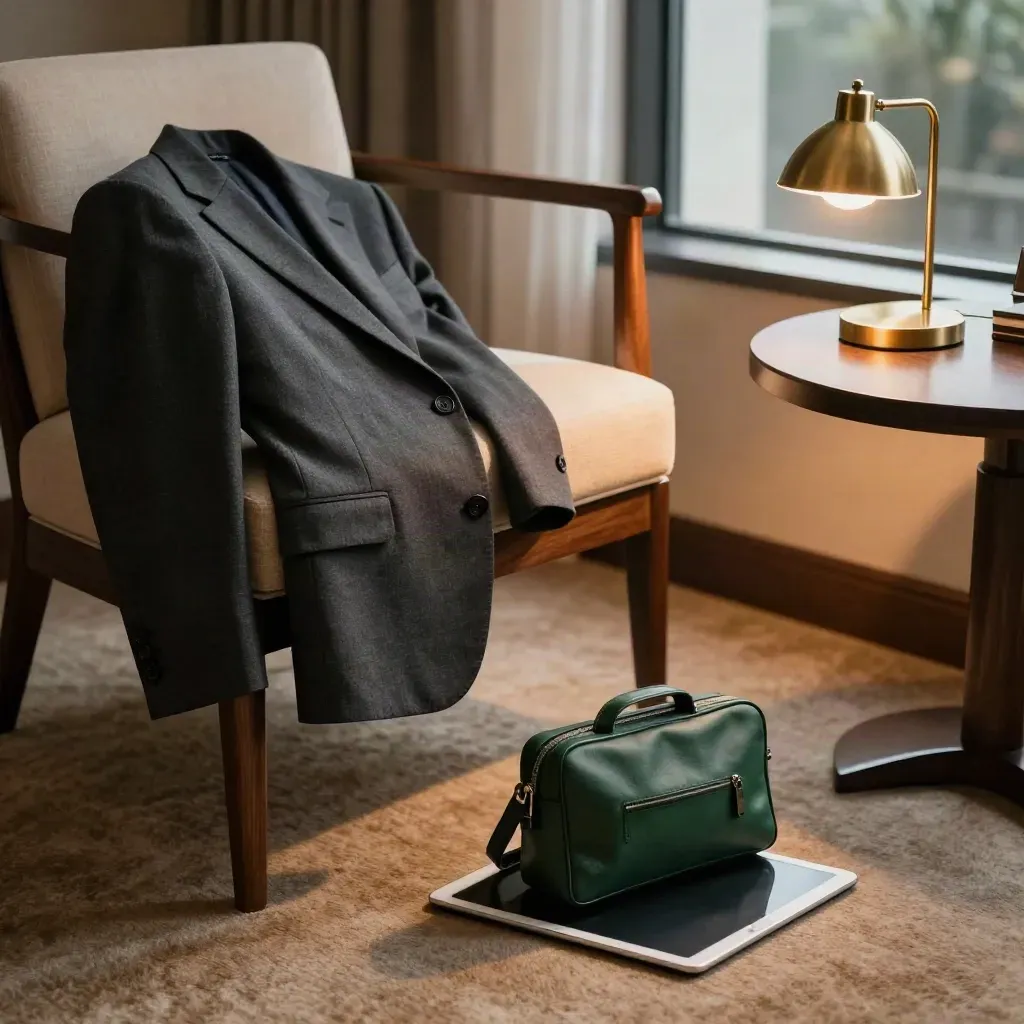 Hotel-suite briefing corner with blazer, tablet, and emerald security pouch in warm evening light.