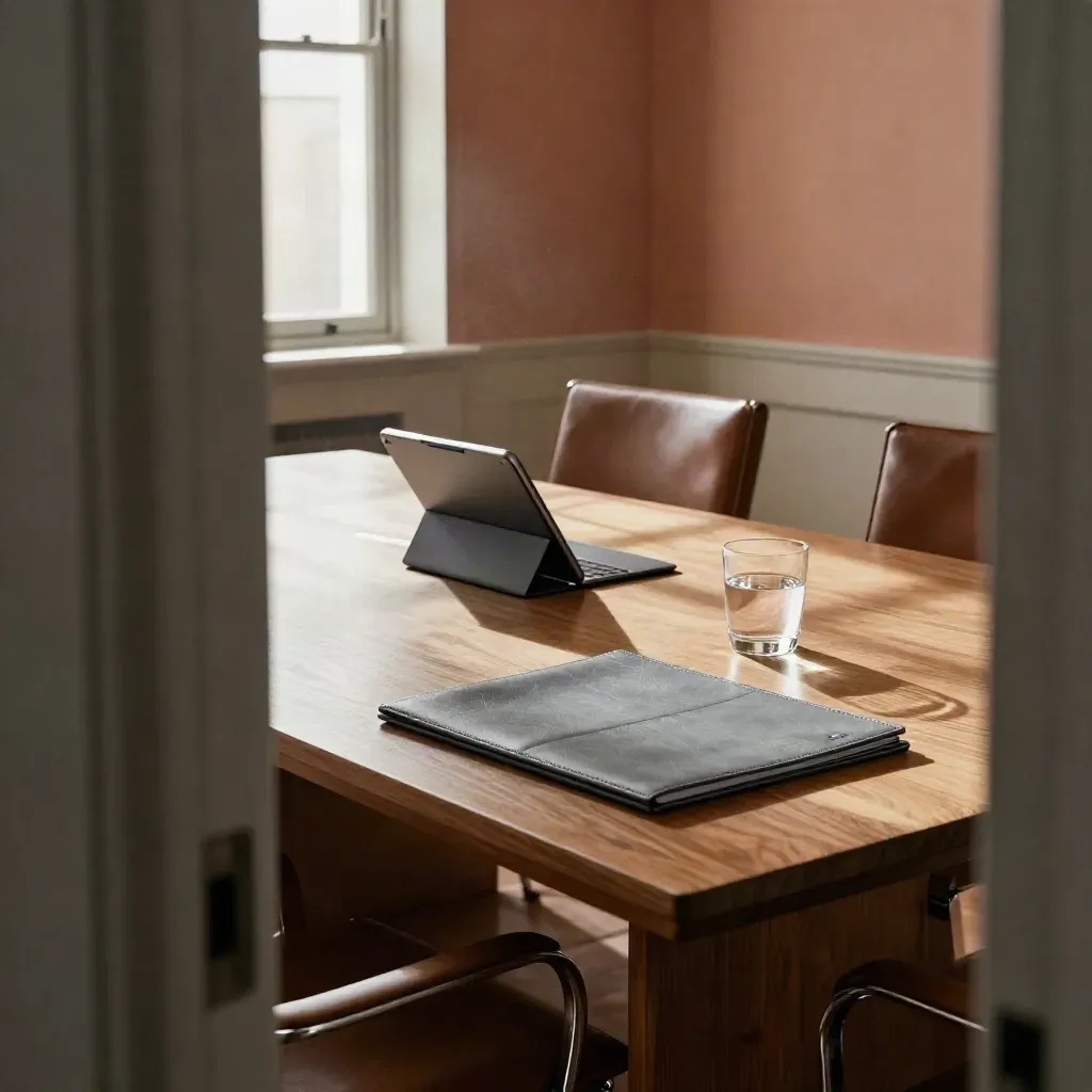 Sunlit boardroom with a closed tablet, briefing folio, water glass, and pulled-back leather chair