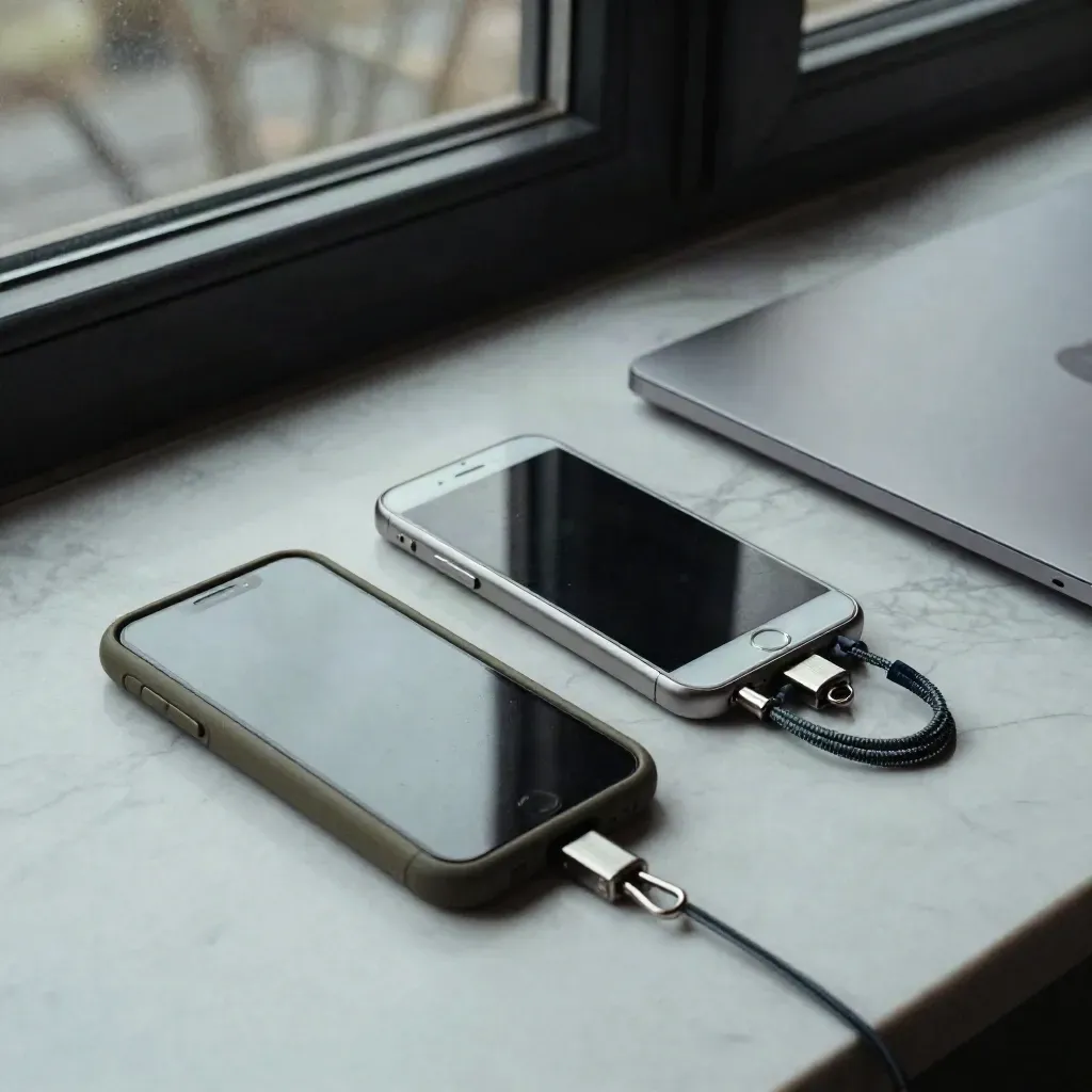 Phones, closed laptop and locking cable on marble by a dark window at night.