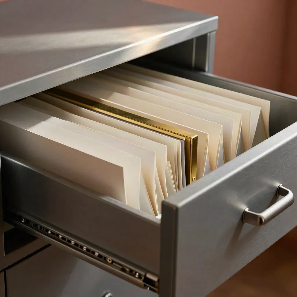 Archive drawer mid-open with file sleeves, boxed drives, and a brass divider in soft daylight.