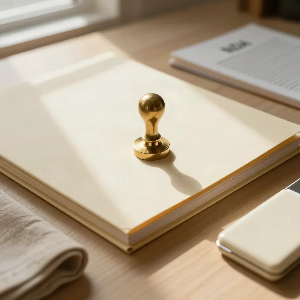 Cream legal folder, brass seal stamp, linen cloth and pen case on a sunlit oak desk.