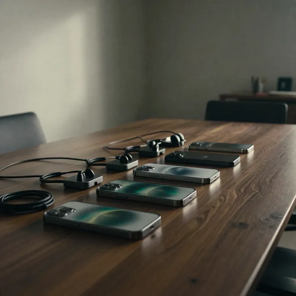 Four locked smartphones and a wireless headset on a dark conference table in a moody glass room.