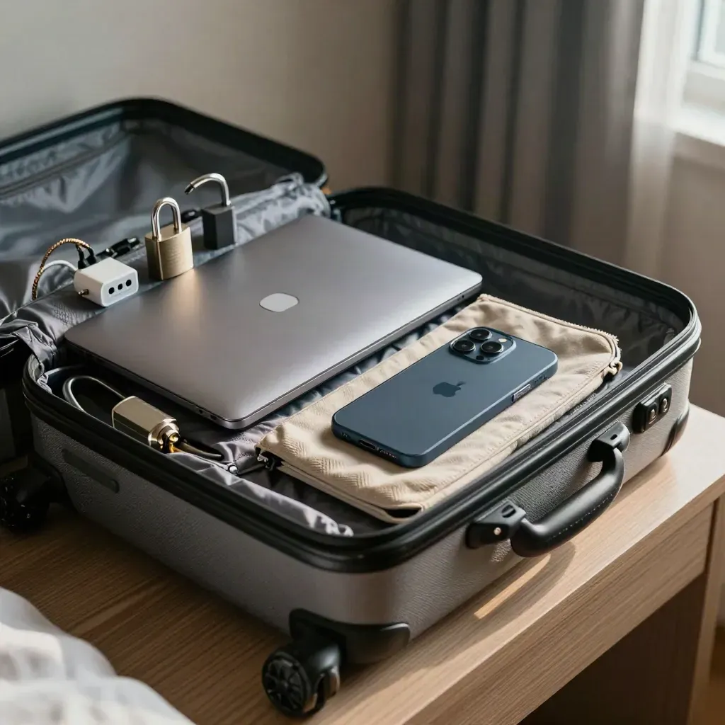 Packed travel security kit with laptop, chargers, lock, phone pouch, and suitcase edge in soft coastal light.