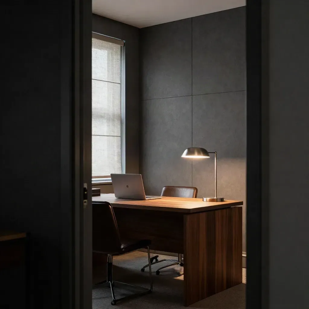 Empty private office with acoustic panels, a closed laptop, and a lamp glowing on a walnut desk.