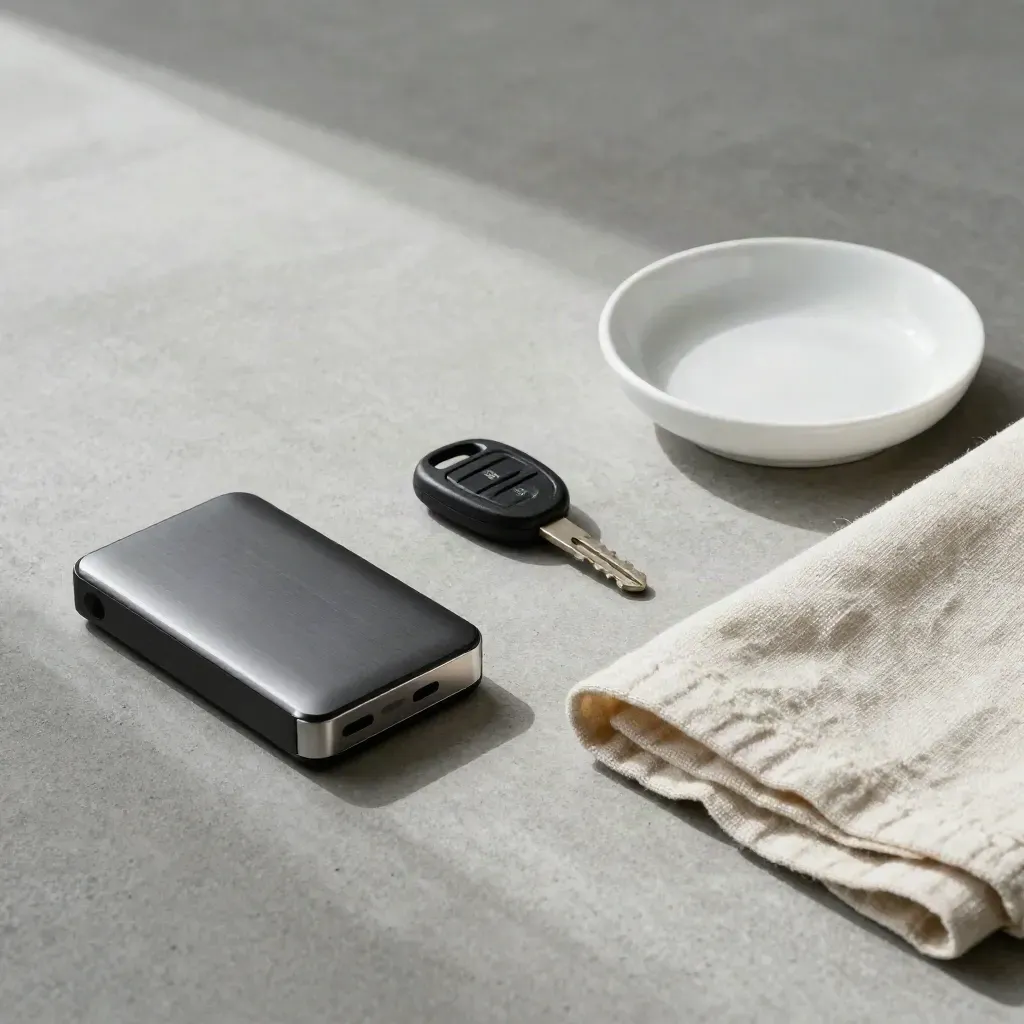 Security key, locked drive, linen cloth, and dish on concrete in soft light.