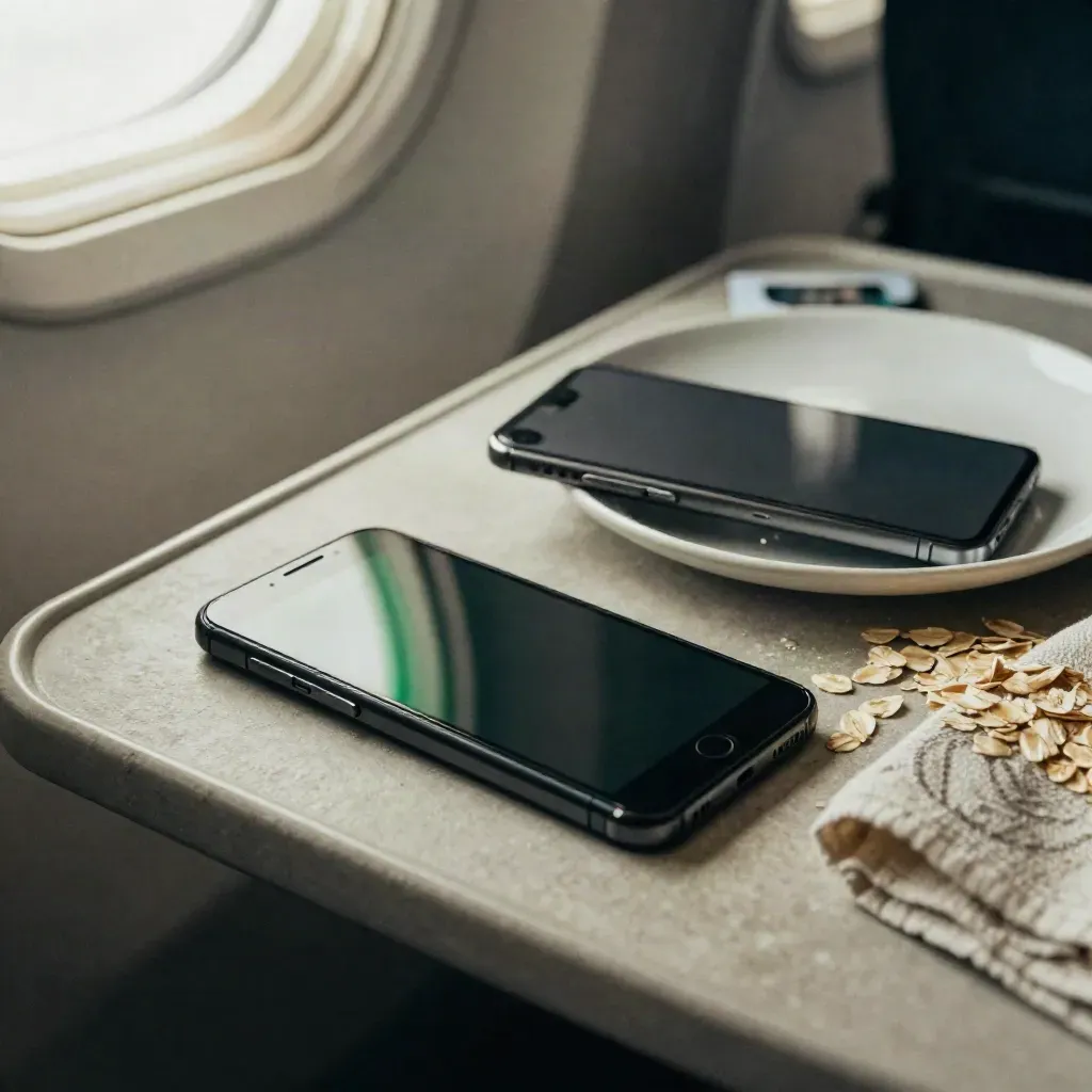 Two muted phones, a pale dish, and a folded cloth on a brushed tray in soft window light.