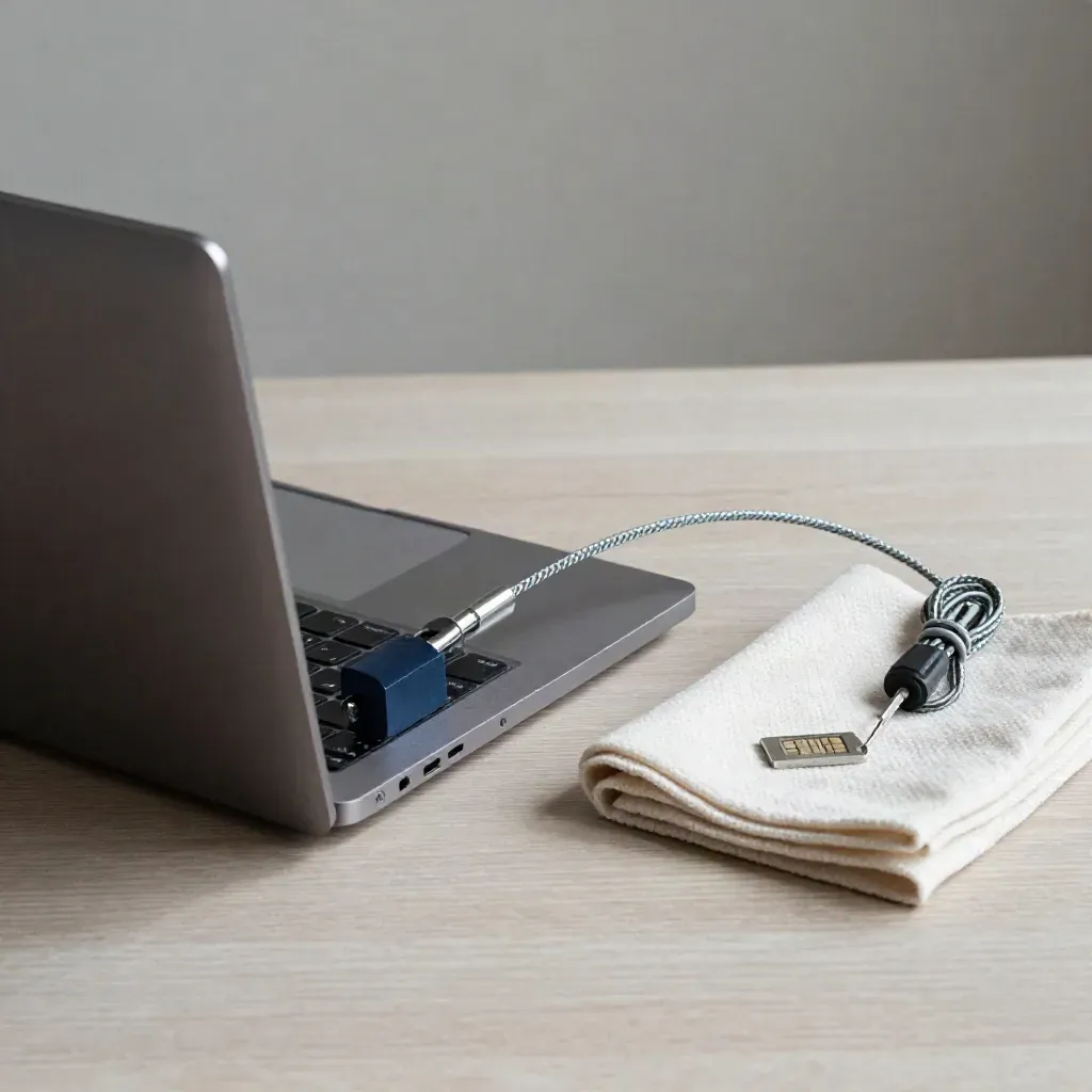 Secured closed laptop with cable lock, SIM pin and folded cloth on pale wood.