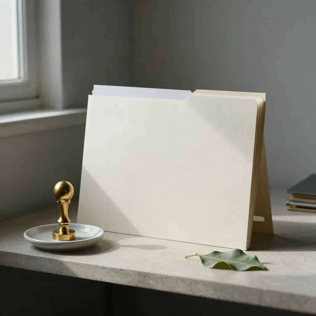 Sealed folder, brass stamp, ceramic dish, and trailing leaf on a pale shelf