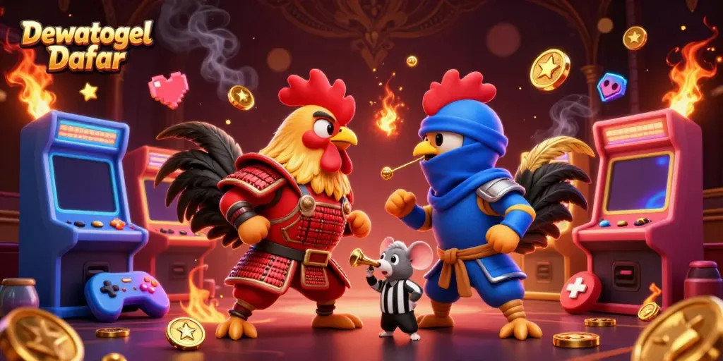 Dewatogel Daftar showcases a thrilling clash between a red samurai rooster and a blue ninja rooster in an energetic gambling arena.