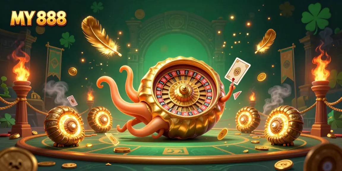 Win big with MY 888 at this vibrant, action-packed casino illustration featuring a giant nautilus and treasures.