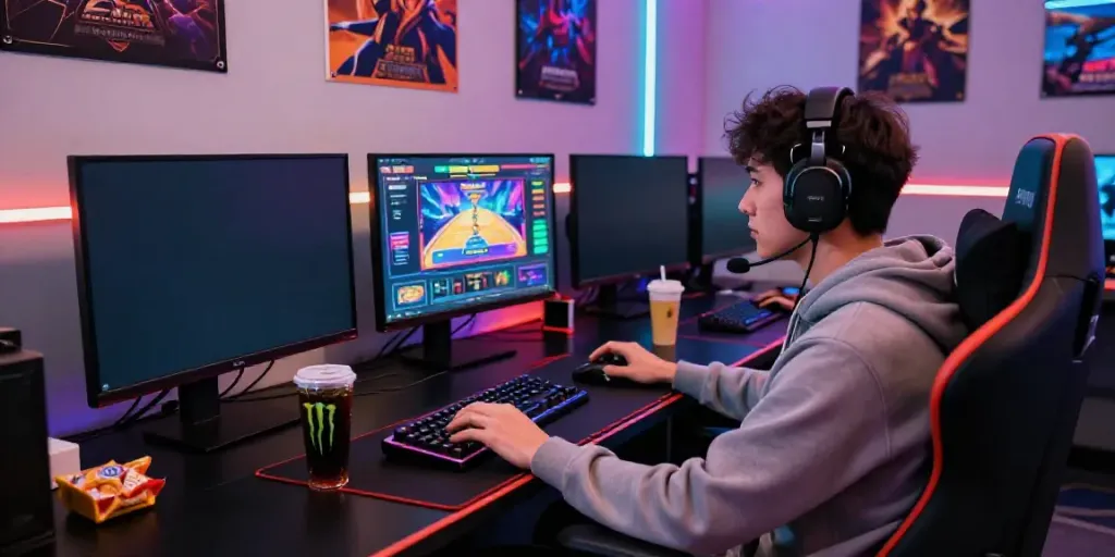Player immersed in pesgslot gaming with multi-monitor setup and vibrant LED lighting.