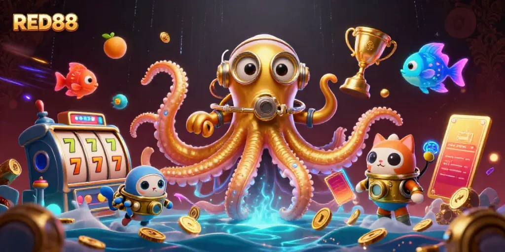 Experience the thrilling world of RED88 with a spectacular kraken-themed casino scene.
