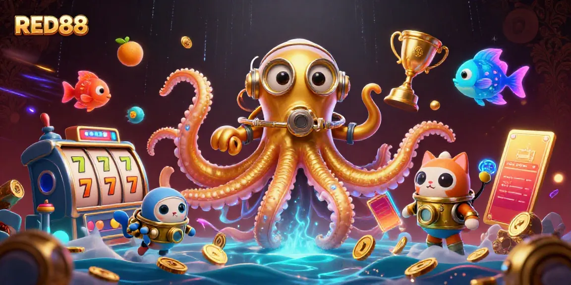 Experience the thrilling world of RED88 with a spectacular kraken-themed casino scene.