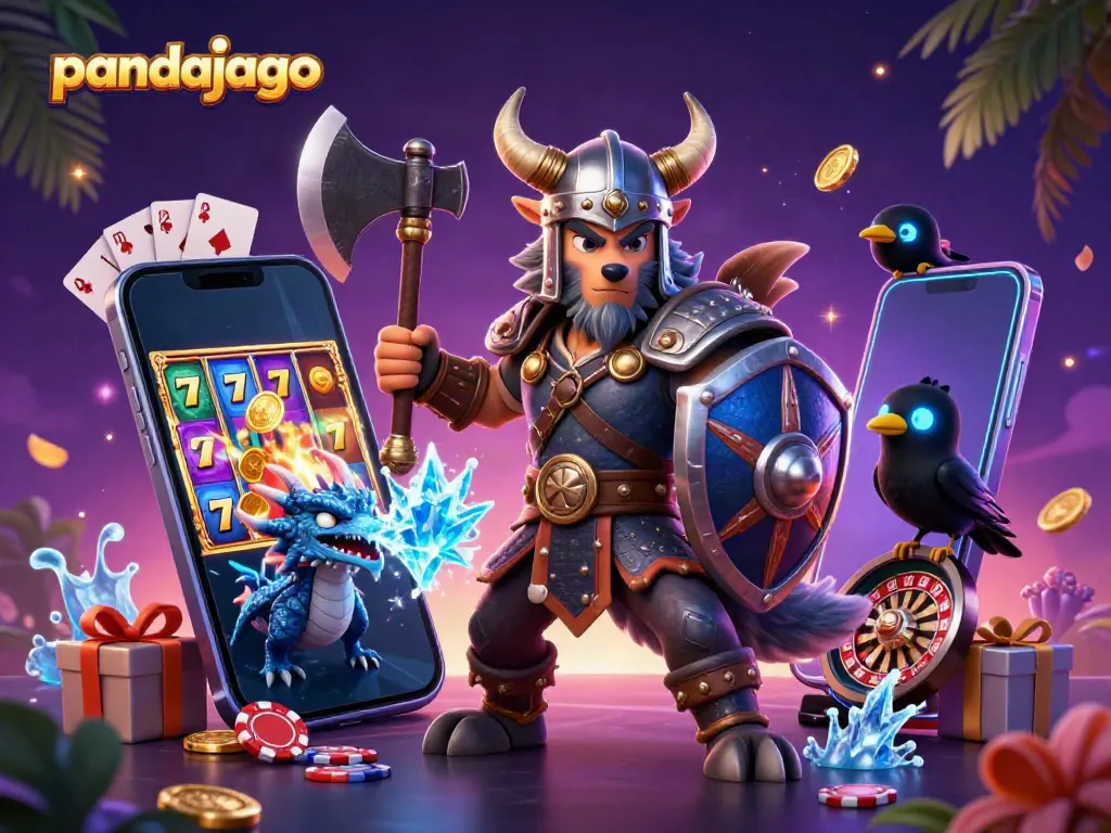 Menggandeng para pemenang dengan pandajago, ilustrasi slot penuh warna dan simbol keberuntungan.