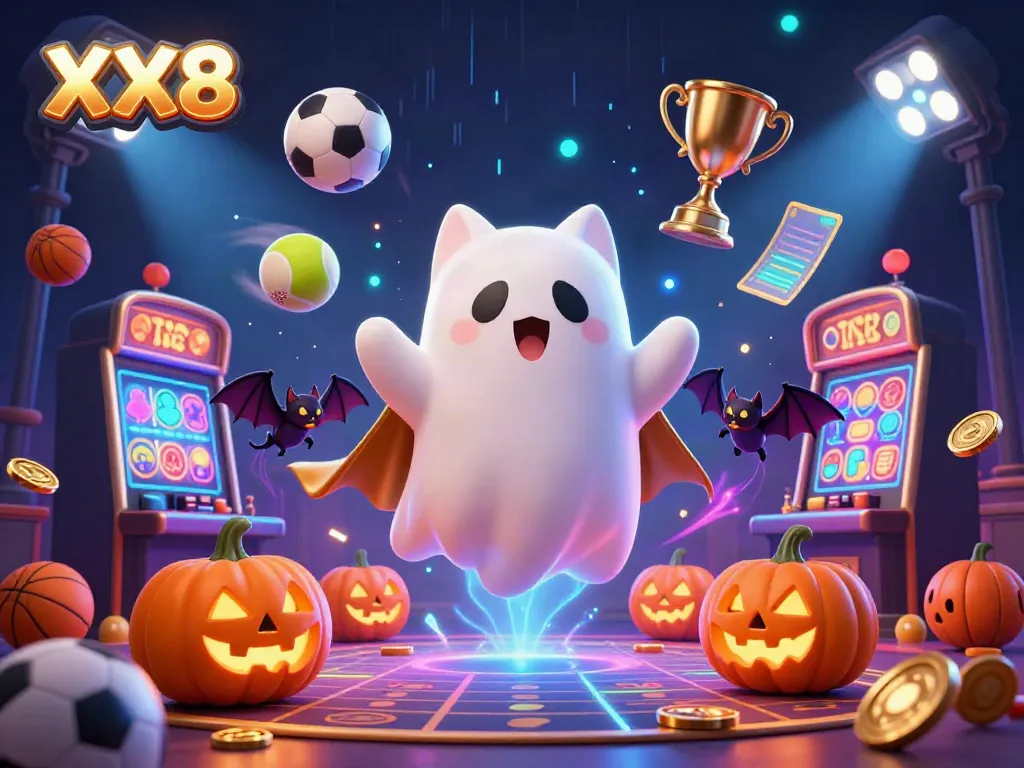 Ghost cat and bat celebrate at XX8 casino, surrounded by poker pumpkins and sports elements.