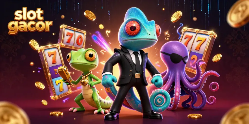 Experience the thrill of slot gacor with vibrant 3D characters and casino elements, featuring chameleon and gecko.
