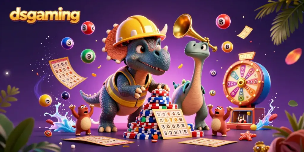 Experience the thrill at dsgaming with joyful characters amidst a vibrant 3D casino scene.