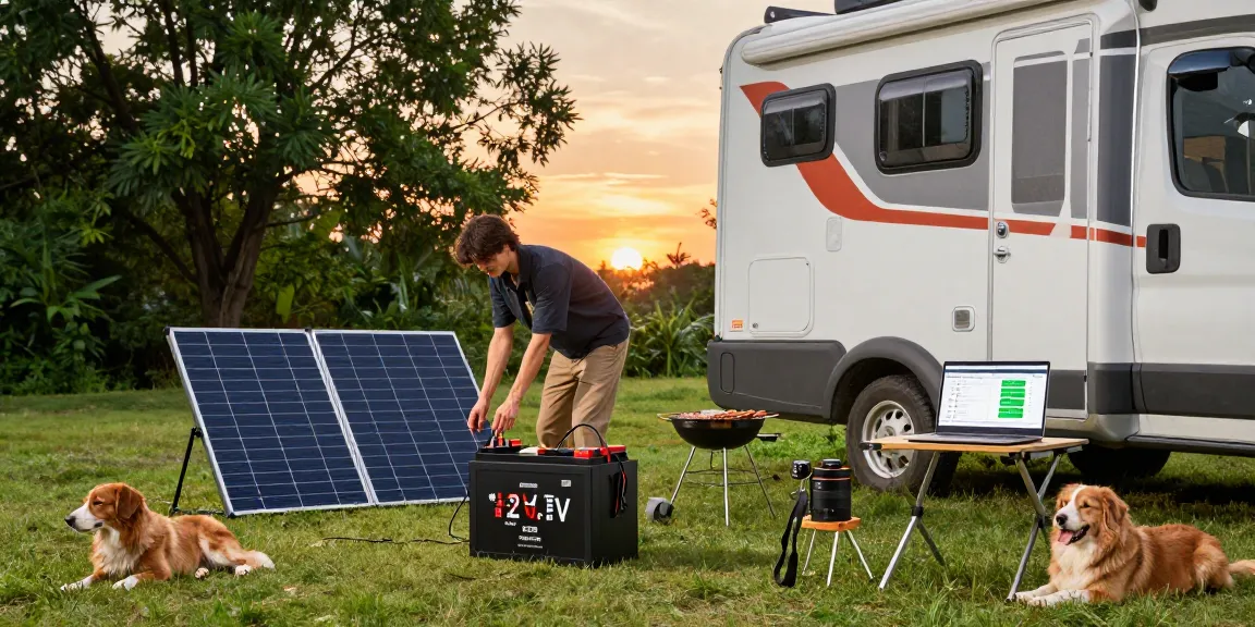 Outdoor camping scene showing a 12V battery connected to solar panels with an RV in the background.