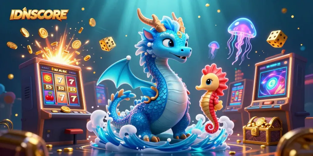 IDNSCORE scene featuring a dragon and seahorse knight amidst a jackpot explosion and bright casino elements