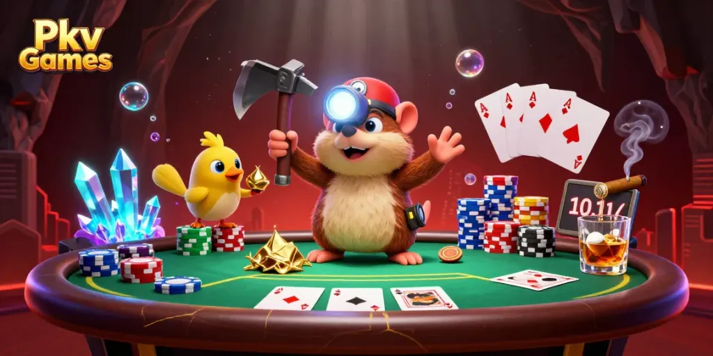 Engage with Pkv Games in a vibrant poker mining adventure showcasing treasures and strategy.