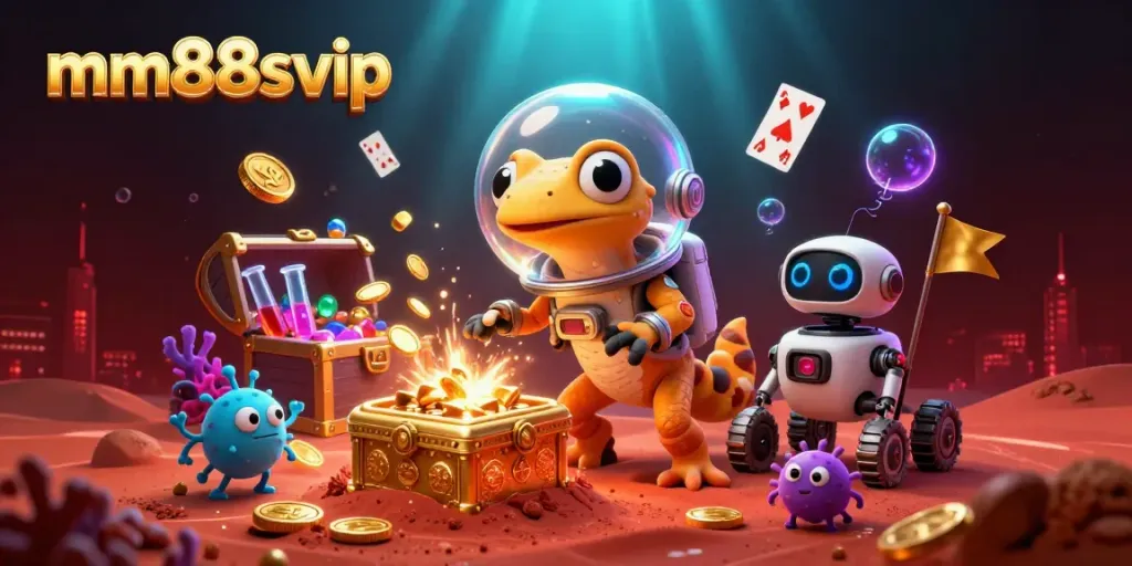 Engage with mm88svip in this vibrant casino scene featuring Martian characters discovering wealth on Mars.