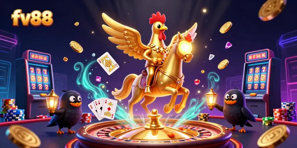 Experience thrilling gaming action at fv88 with a vibrant illustration of a golden rooster, casino games, and glowing elements.