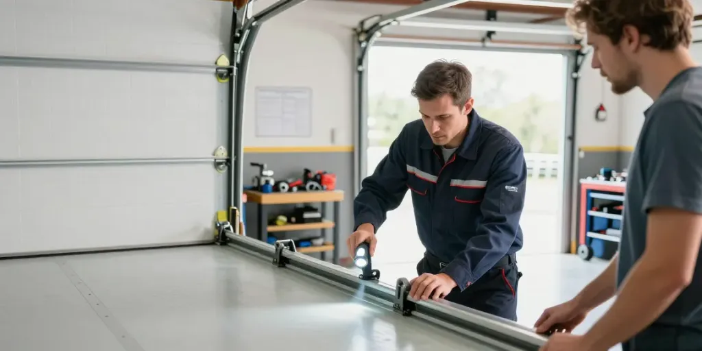 Technician fixing a garage door off track, showcasing repair tools and customer interaction in bright workspace.