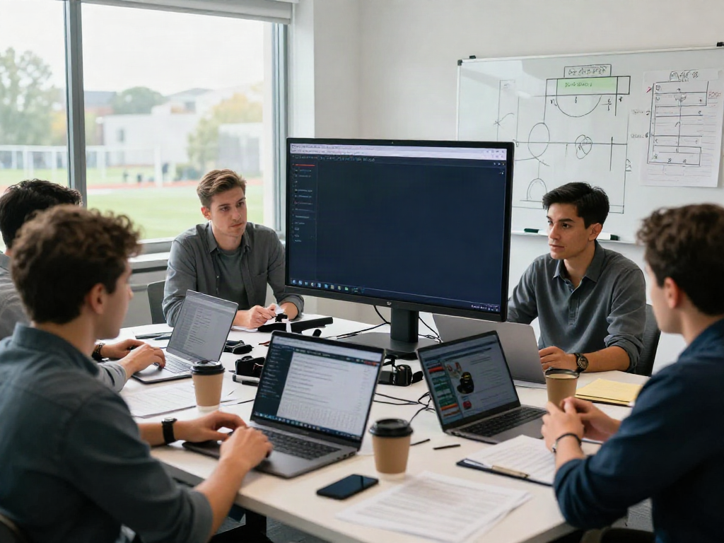 Exciting football transfer updates featuring news and strategies in a lively office scene, focusing on ข่าวตลาดซื้อขายนักเตะ.