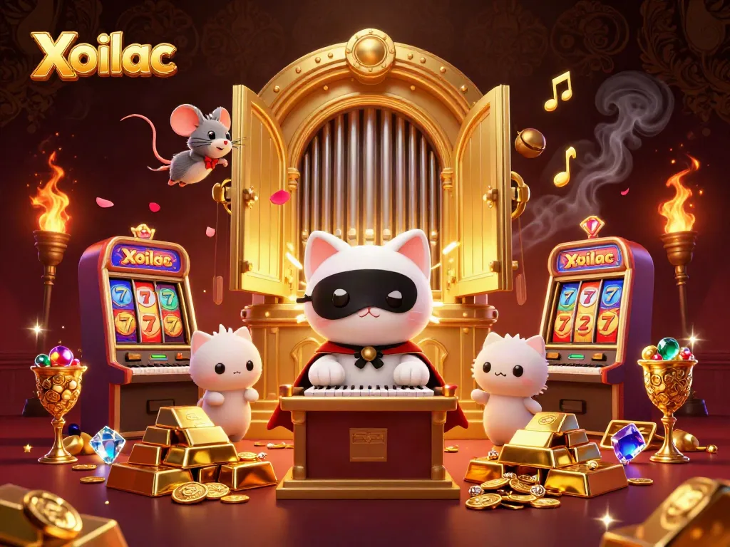 Xoilac immersive casino scene featuring a phantom cat, mouse acrobat, and slot machines with vibrant gold accents.