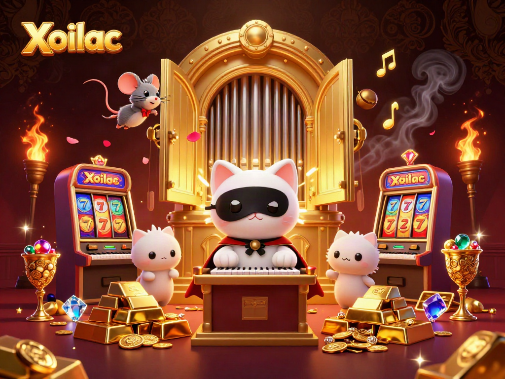 Xoilac immersive casino scene featuring a phantom cat, mouse acrobat, and slot machines with vibrant gold accents.