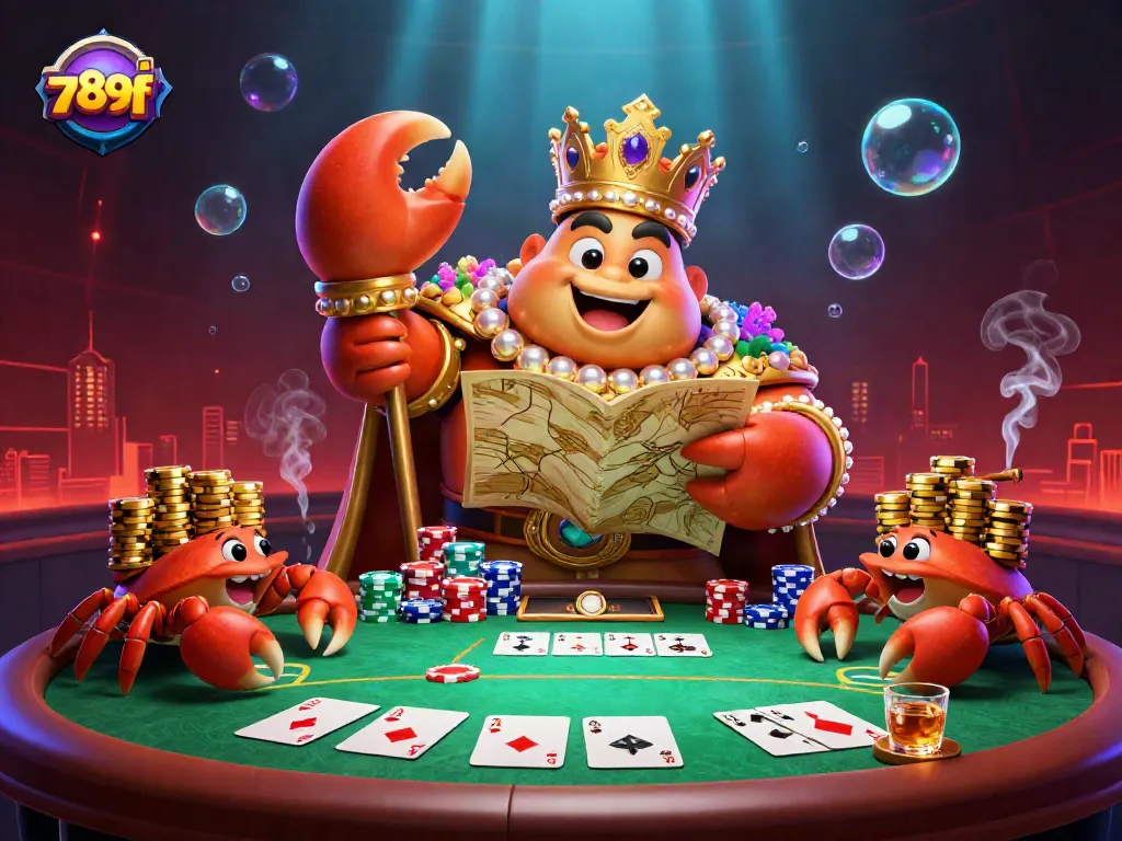 Experience thrilling gameplay with 789f at this lively poker scene featuring a golden crab emperor and dazzling game elements.