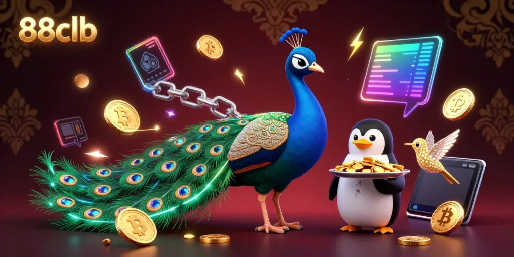 Experience exhilarating gaming at 88clb with vibrant casino characters amid bursts of cryptocurrency elements.
