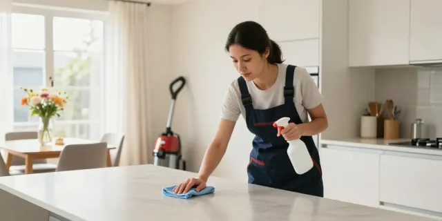 The scene depicts house cleaning in Melbourne, showcasing a professional cleaner wiping kitchen counters in a bright, fresh home.