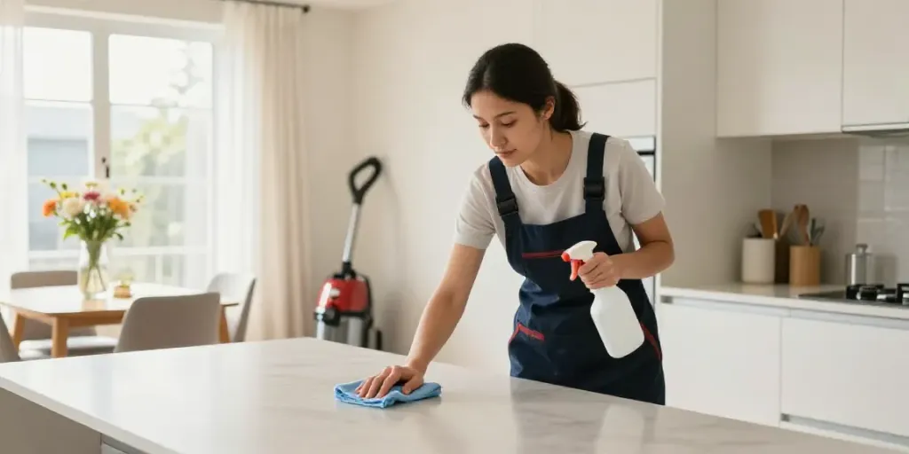 The scene depicts house cleaning in Melbourne, showcasing a professional cleaner wiping kitchen counters in a bright, fresh home.