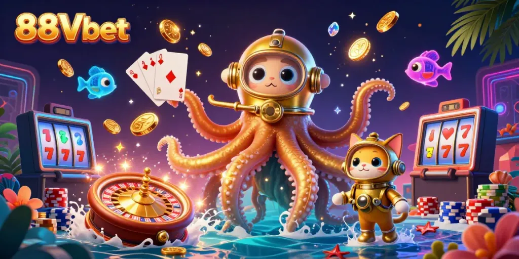 Engage with 88Vbet's thrilling casino experience featuring a colossal kraken and a diving cat in an underwater treasure setting.