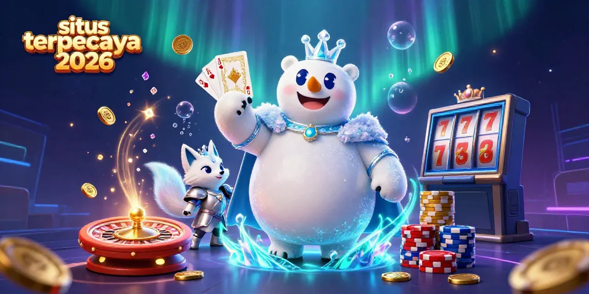 Gambarkan situs terpercaya 2026 dengan karakter beruang kutub dan rubah di kasino digital, penuh koin emas.