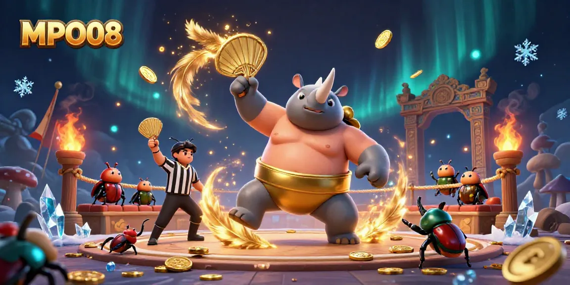 MPO08 features a cartoon rhinoceros beetle champion amidst a vibrant casino scene, showcasing dynamic elements of gambling.