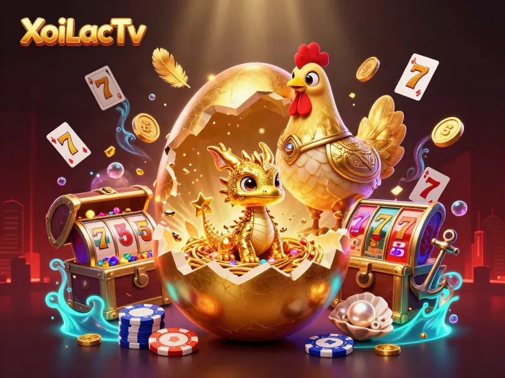 XoiLacTv engages players with a vibrant golden dragon and poker chips amidst a dynamic casino scene.