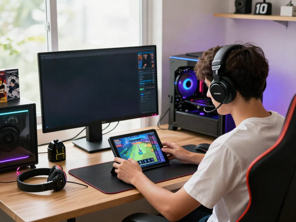 Gaming environment showcasing a player using Mod apk on a tablet surrounded by accessories.