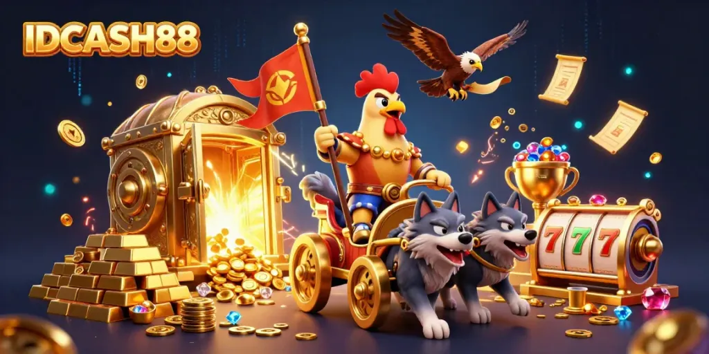 Experience thrilling moments at IDCASH88 with a dynamic 3D casino scene filled with treasures and adventure.