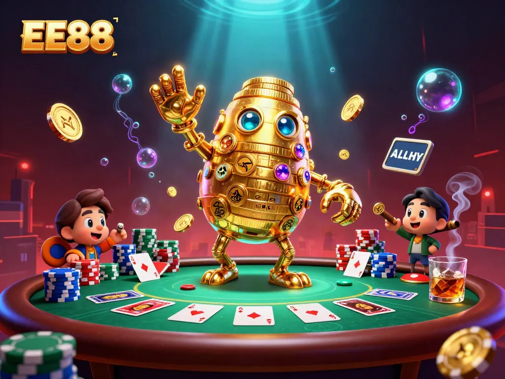 Engage with EE88's vibrant gaming world featuring dynamic poker elements in a captivating illustration.