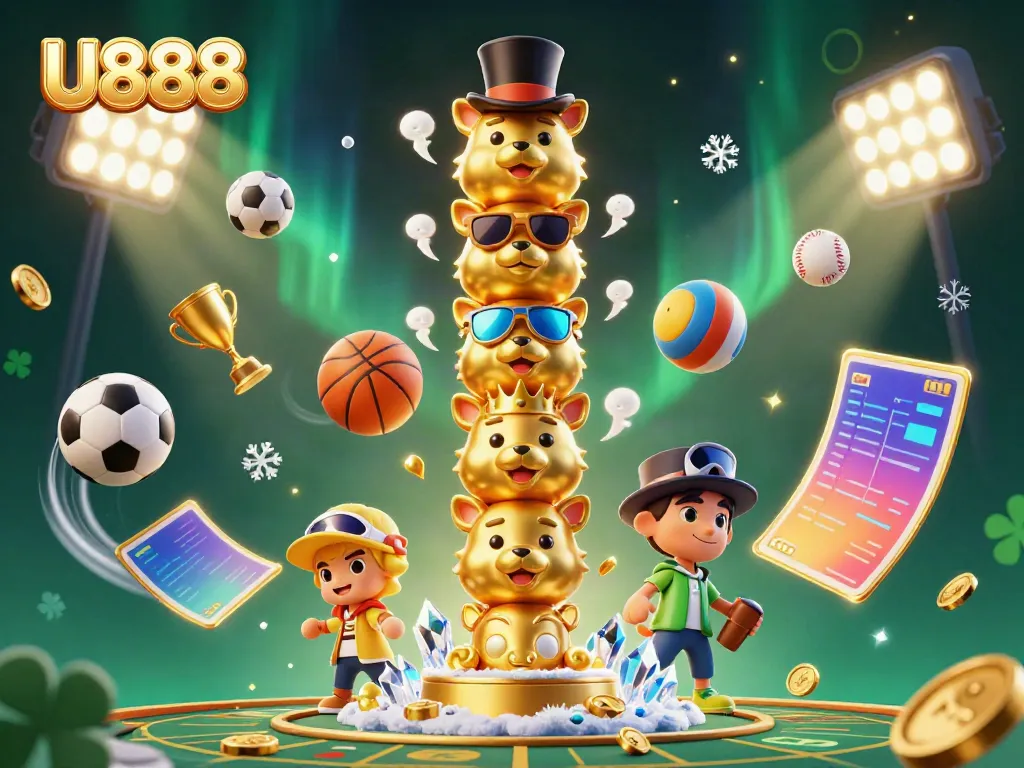 Experience the thrill of sports betting with U888, featuring a vibrant golden totem and dynamic game elements.