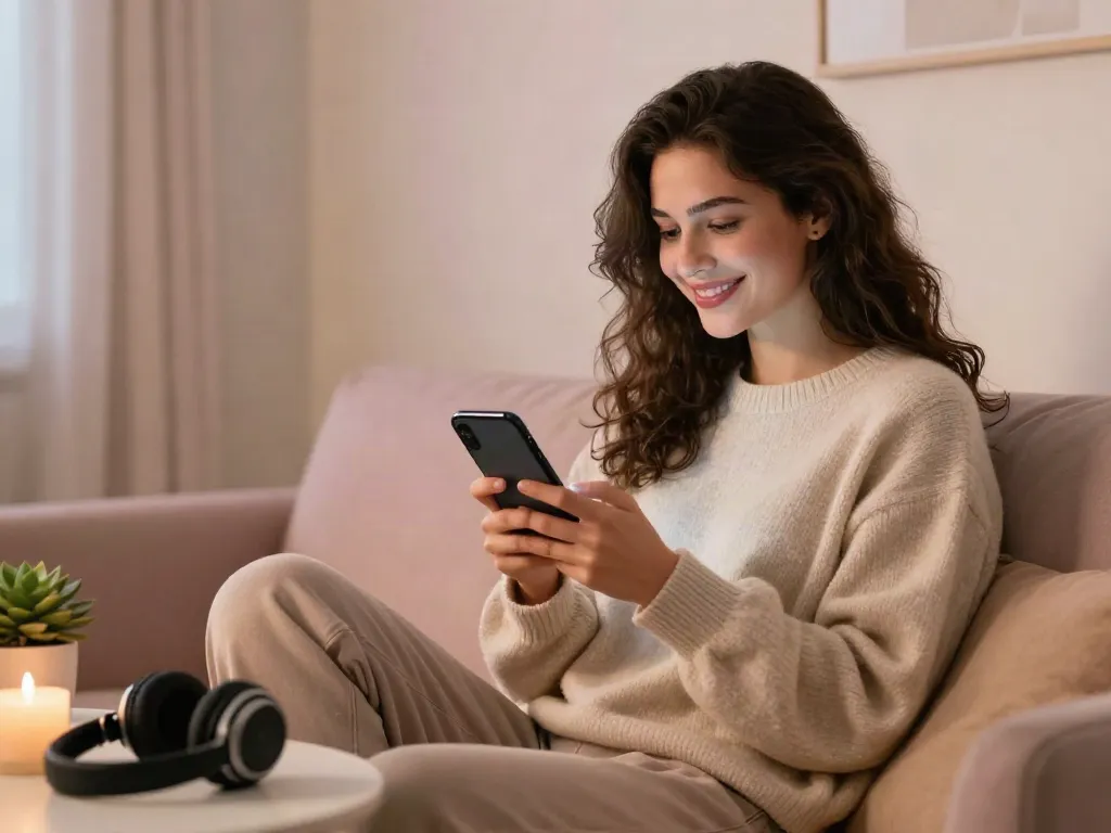 Engaging virtual conversation scene showcasing ai sexting with a woman smiling while texting.