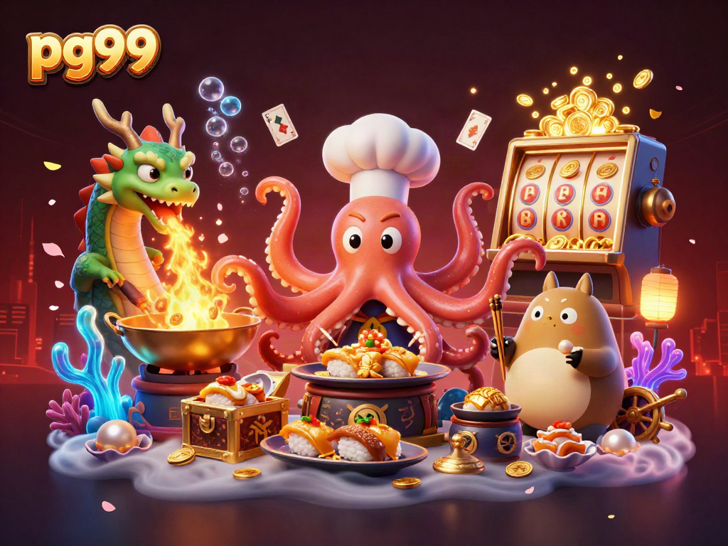 Experience exciting wins at pg99 with a vibrant 3D illustration featuring dynamic casino characters and treasures.