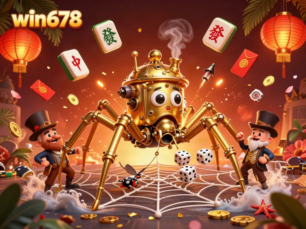 Engage with win678, where a steampunk spider ensnares dice in a vibrant casino scene.