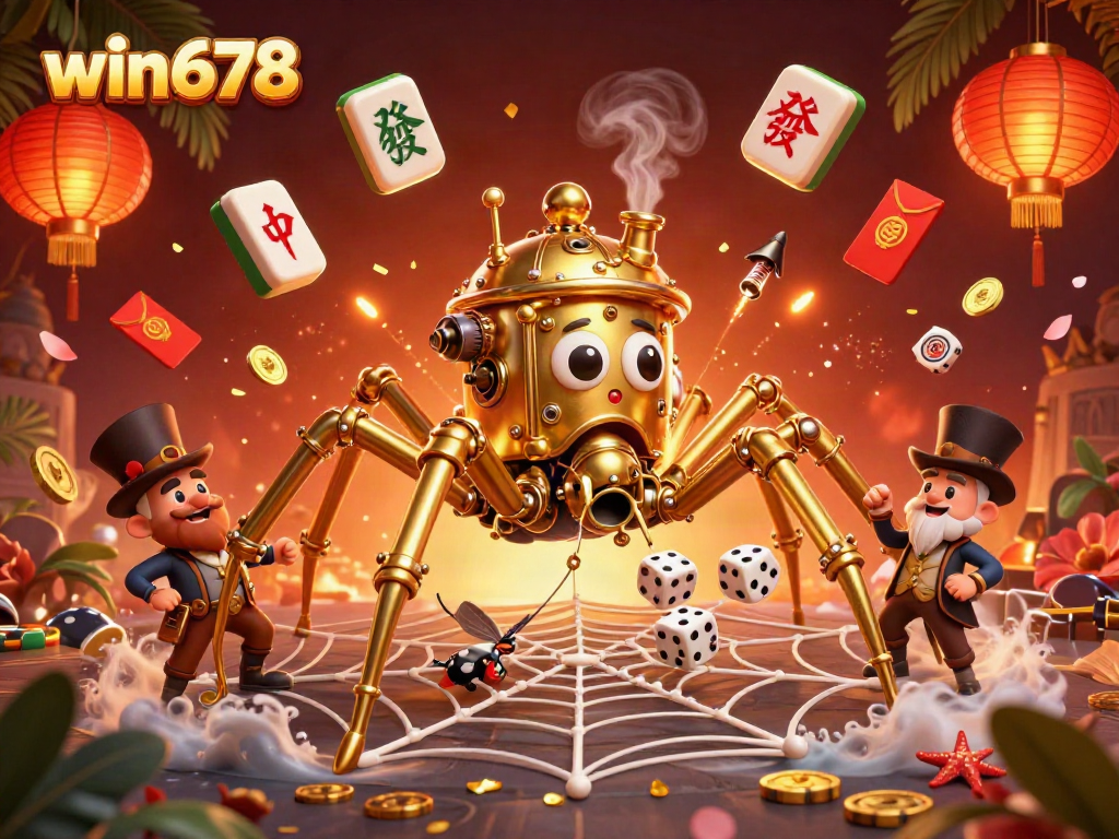 Engage with win678, where a steampunk spider ensnares dice in a vibrant casino scene.