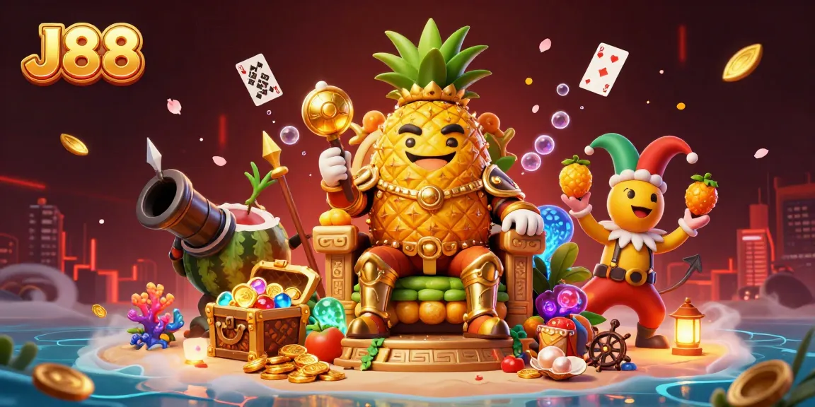 J88 themed 3D illustration showcasing a vibrant beach casino with a golden pineapple king and tropical elements.
