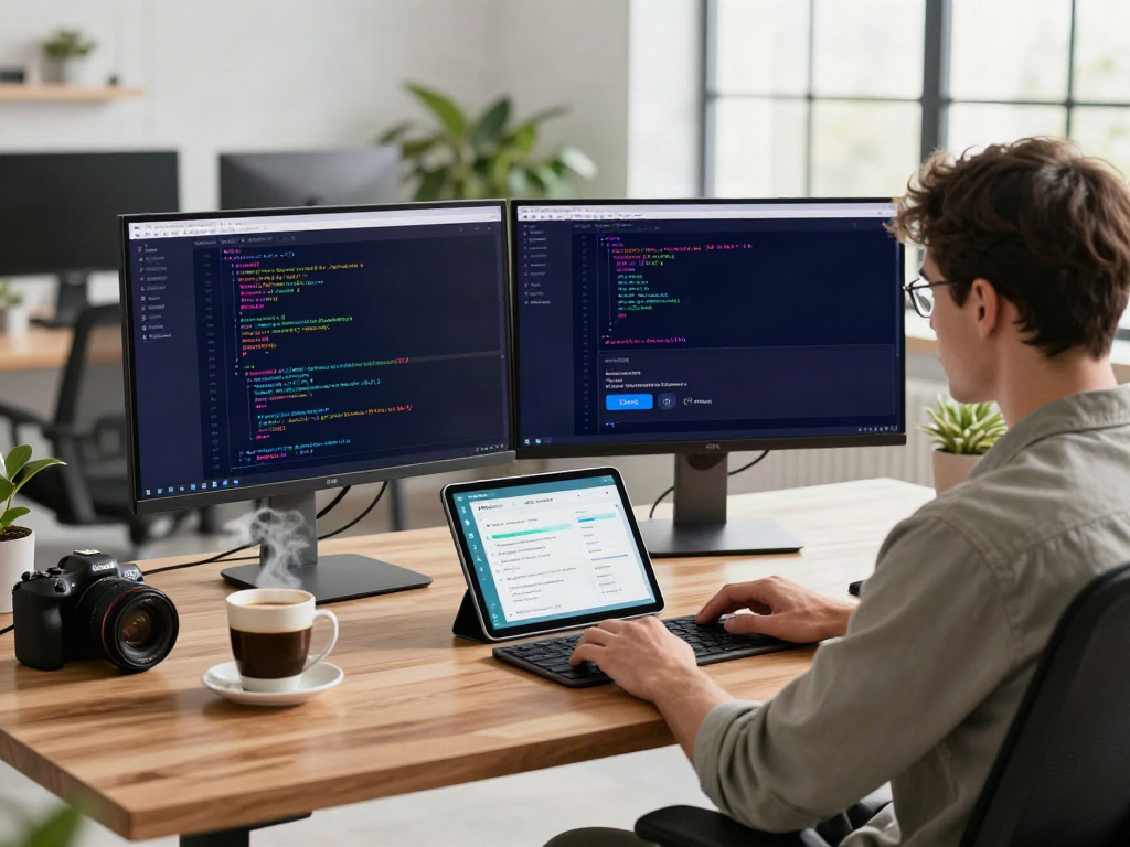 Developer configuring v2rayN app in a modern workspace with code on screens.