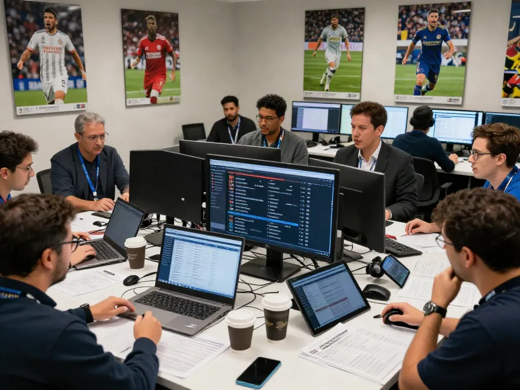 Football journalists tracking ข่าวตลาดซื้อขายนักเตะ in a lively newsroom filled with updates and excitement.