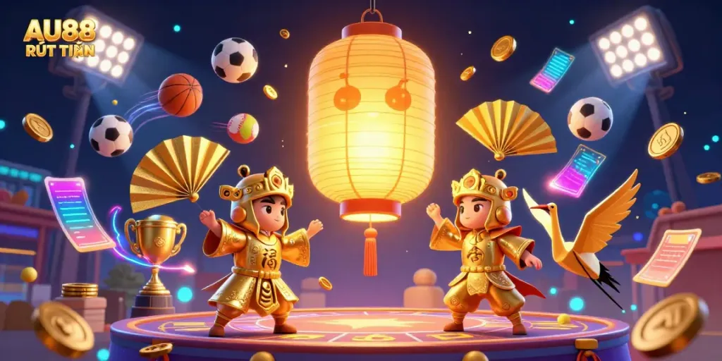 Experience AU88 RÚT TIỀN in this vibrant casino illustration with dynamic sports elements.